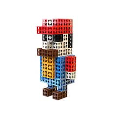 Block-style Mario figure built from Minecraft‑compatible bricks, standing on a flat base against a white background
