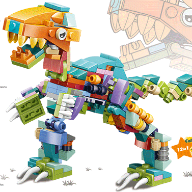 Dinosaur‑themed building‑brick set featuring colourful prehistoric models