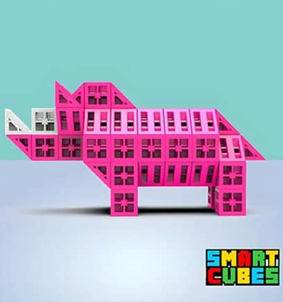 Red rhino buidling brick toy made from six-sided interlocking triangles and cubes.