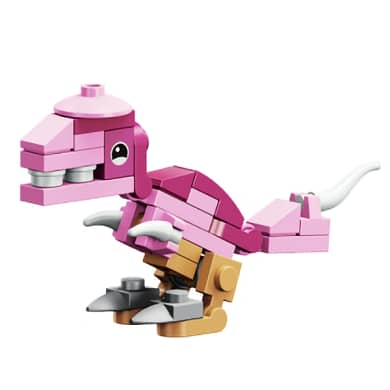 Brightly colored toy dinosaur made from plastic building bricks