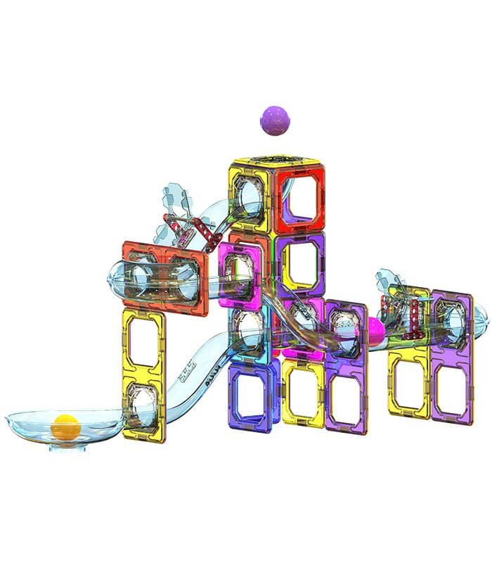 marble run set, a toy or educational structure composed of interconnected tracks, ramps, and components.
