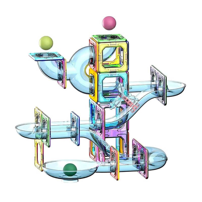 Ballrun toys consist of a series of magnetic tiles, interlocking tube tracks, ramps, and funnels that guide balls