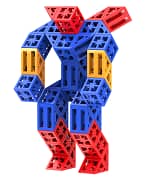 A DIY robot toy crafted from red, blue and yellow building bricks.